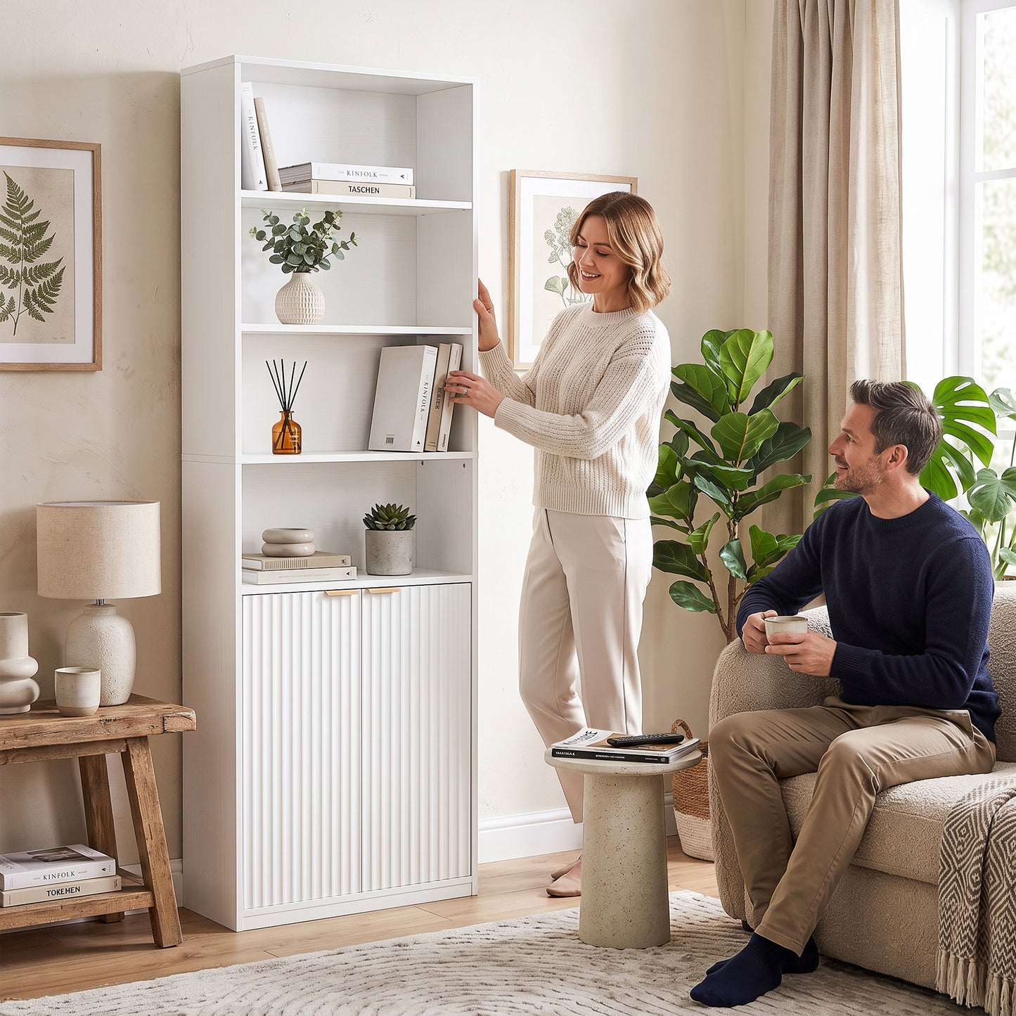 Bookcase with Adjustable Shelf 6-Tier Tall Bookshelf, White
