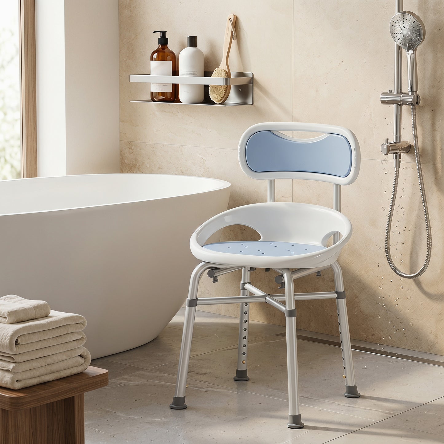 Aluminium Alloy Shower Chair with Back and Enclosed Side Support, Bath Seat with Adjustable Height, Anti-slip Shower Bench for Seniors, Tool-Free Assembly, 136 kg