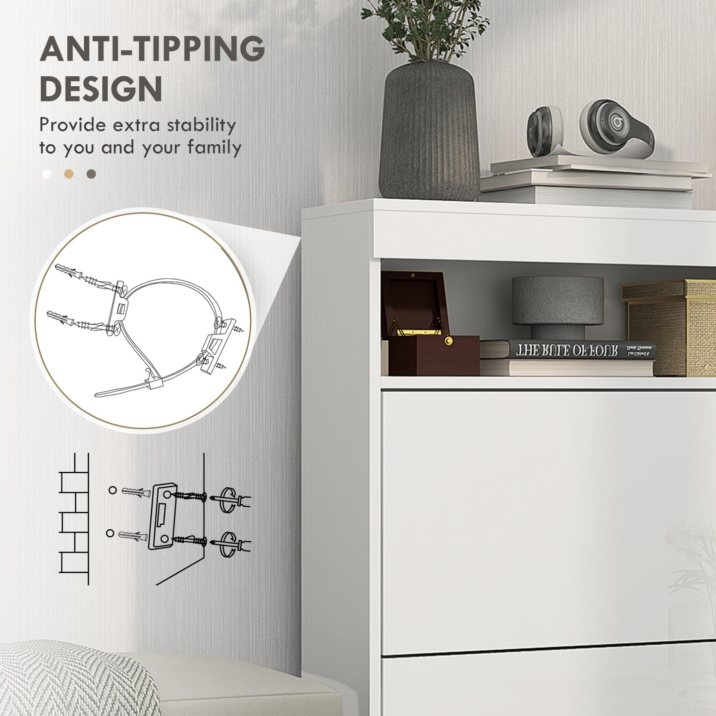 Wall Mounted or Freestanding Shoe Cabinet with 2 Flip Drawers, White