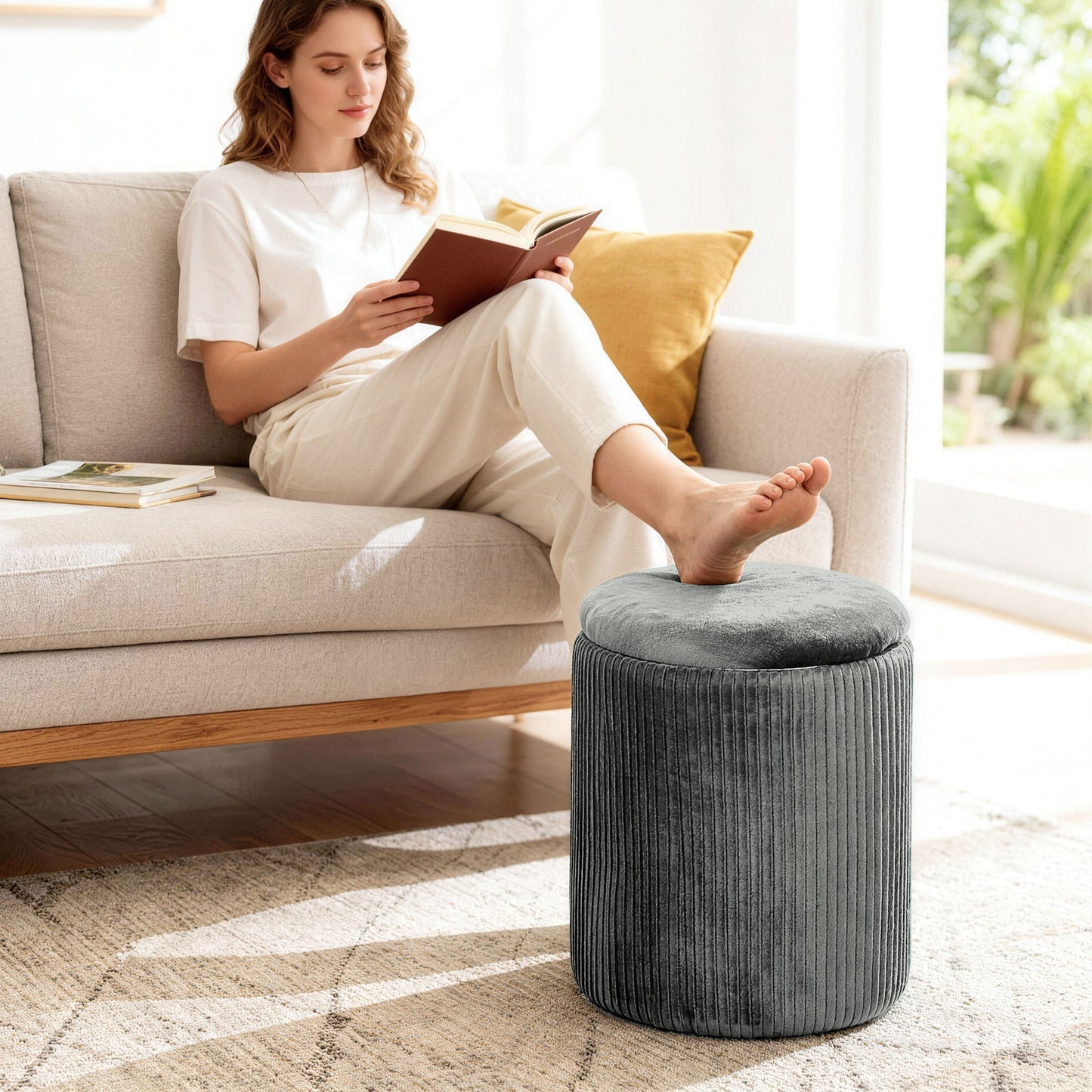 Round Storage Ottoman with Removable Top, Grey