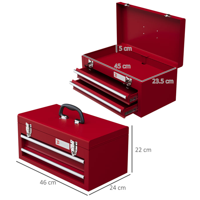 DURHAND Lockable Metal Tool Box, 2 Drawer Tool Chest with Latches, Handle, Ball Bearing Runners, Red