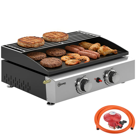 2 Burner Grill Griddle, Tabletop Gas BBQ with Grease Cup, Black
