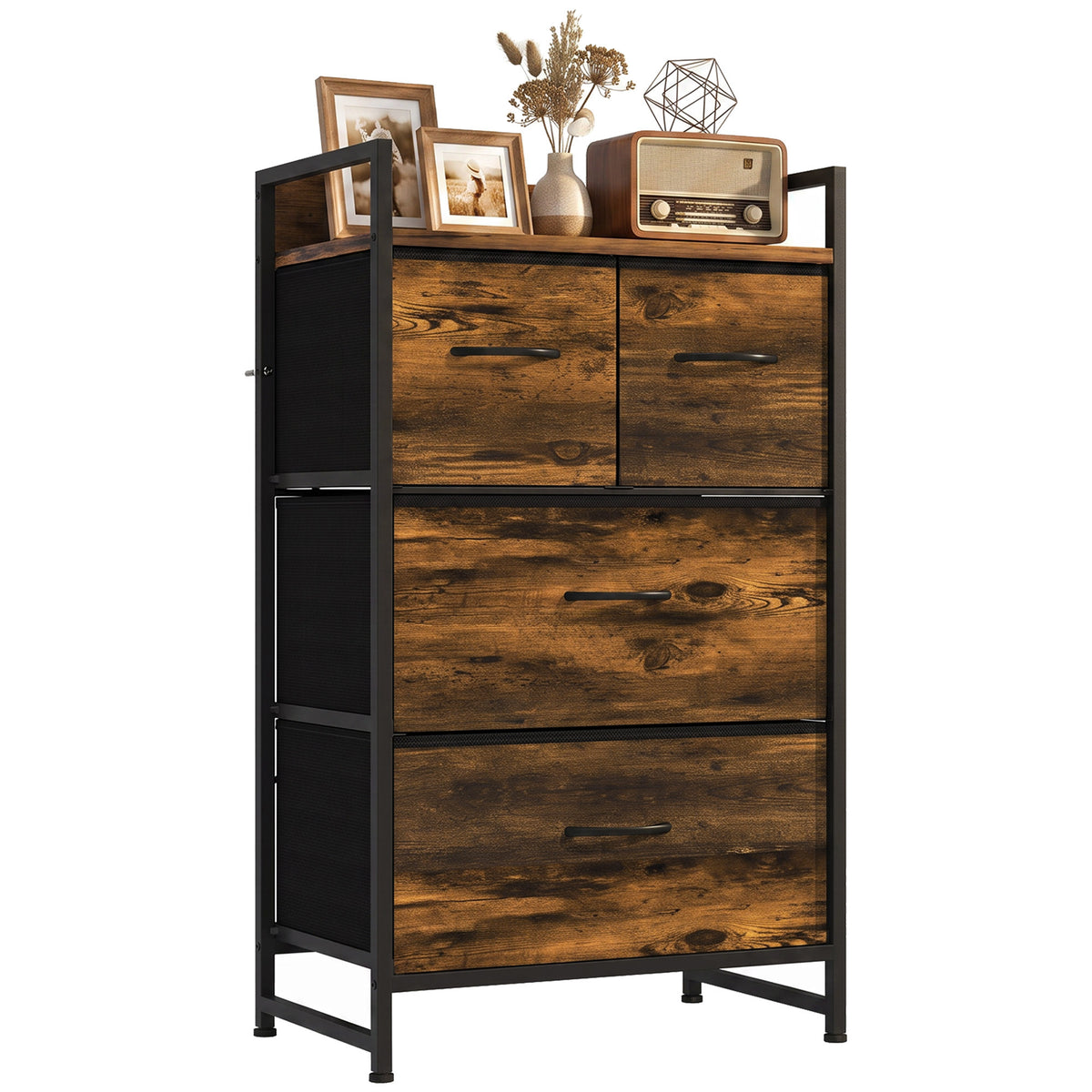 4-Drawer Fabric Chest with Top Shelf and Steel Frame - Rustic Brown & Black