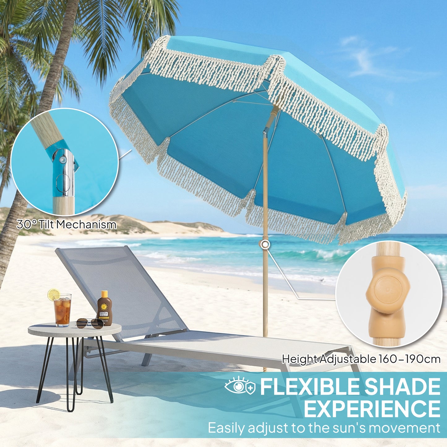 1.7 m Beach Umbrella, Adjustable Height Portable Parasol, Blue