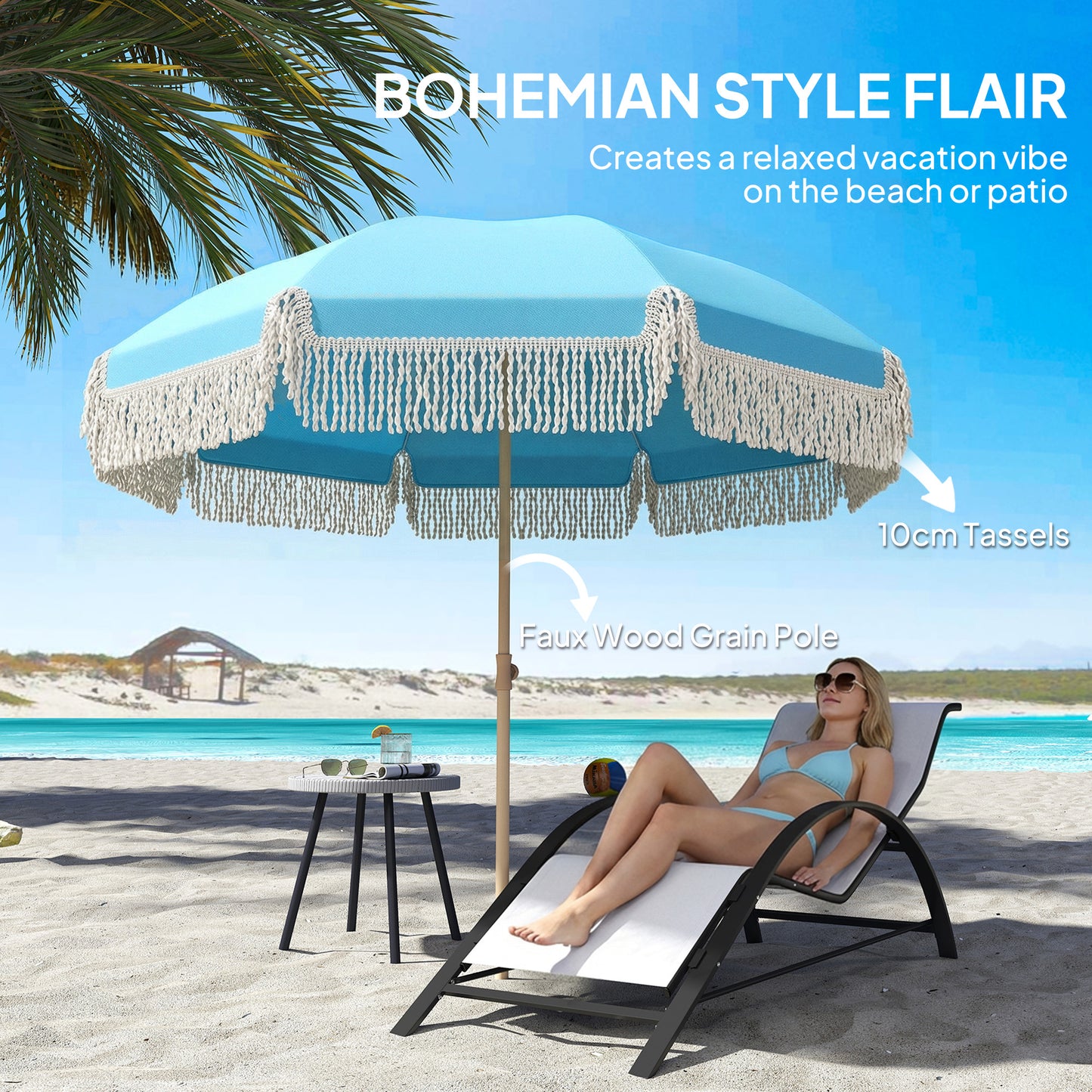1.7 m Beach Umbrella, Adjustable Height Portable Parasol, Blue