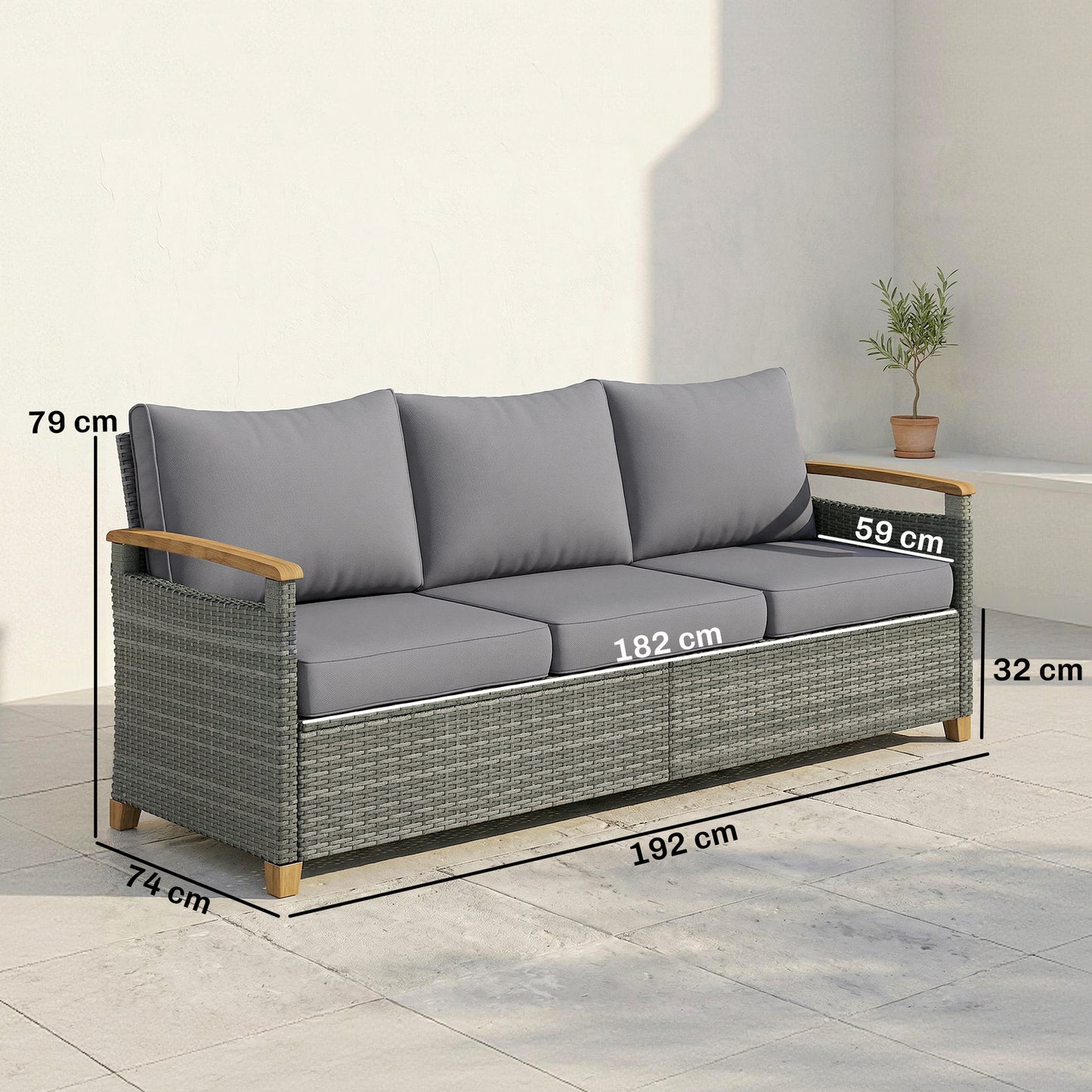 3 Seater Rattan Garden Sofa with Cushioned Wide Seats, Dark Grey