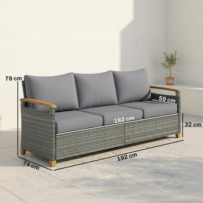 3 Seater Rattan Garden Sofa with Cushioned Wide Seats, Dark Grey