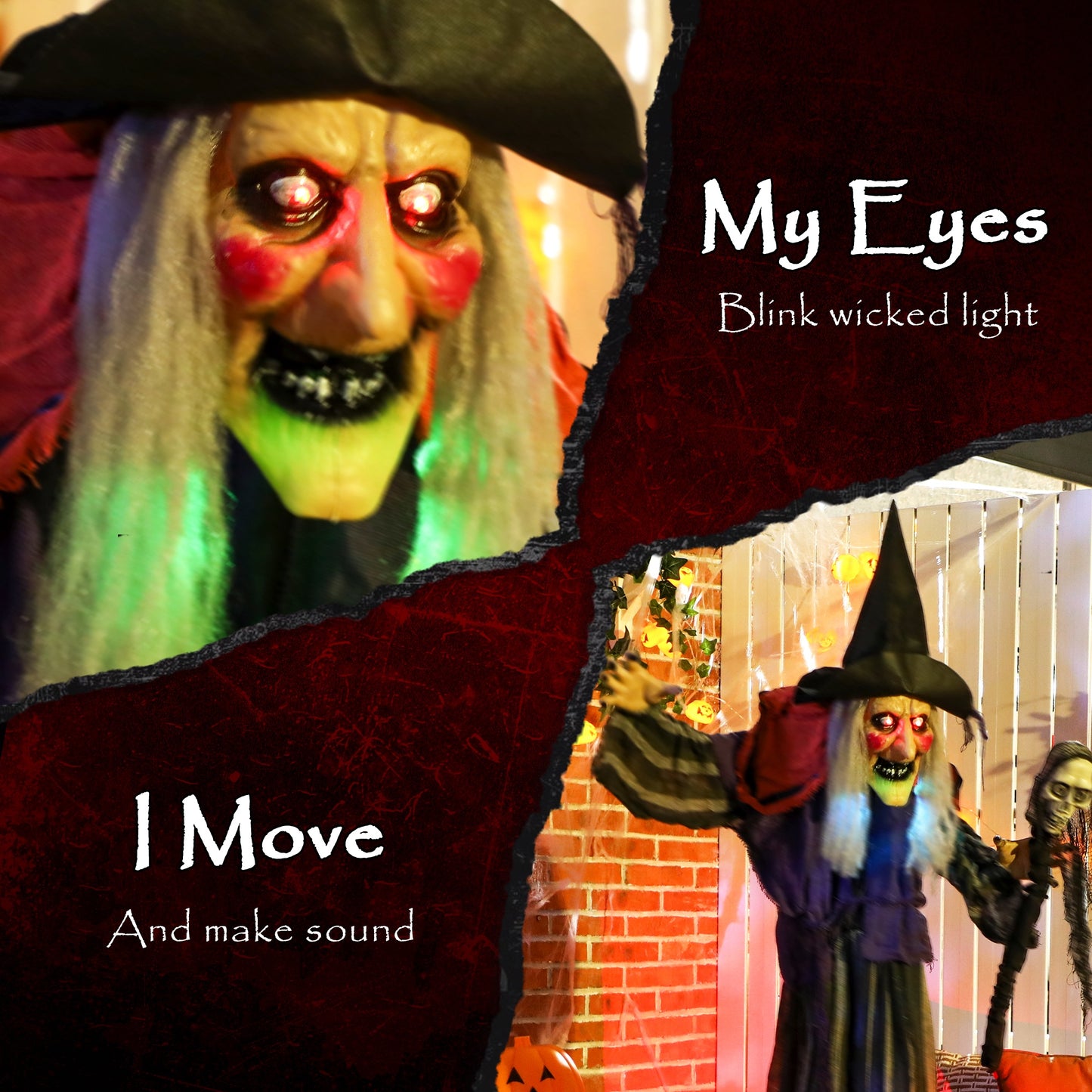 Voice Activated Halloween Animatronics Standing Witch & Skull Staff