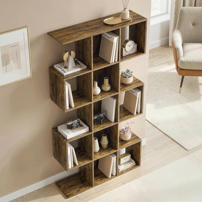 Geometric Bookshelf, 5-Tier S Shaped Bookcase, Rustic Brown