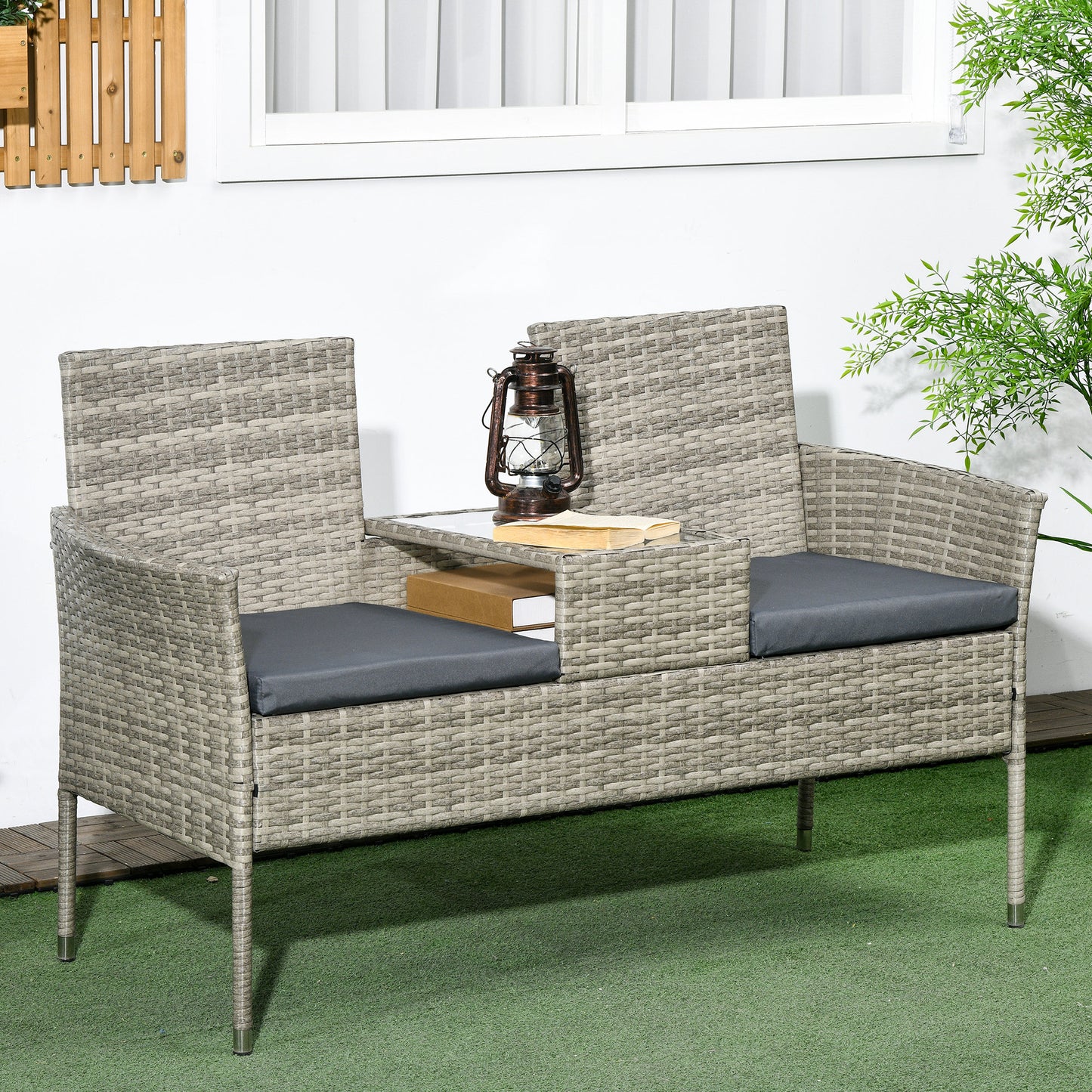 Two-Seat Rattan Chair, with Middle Table - Mixed Grey