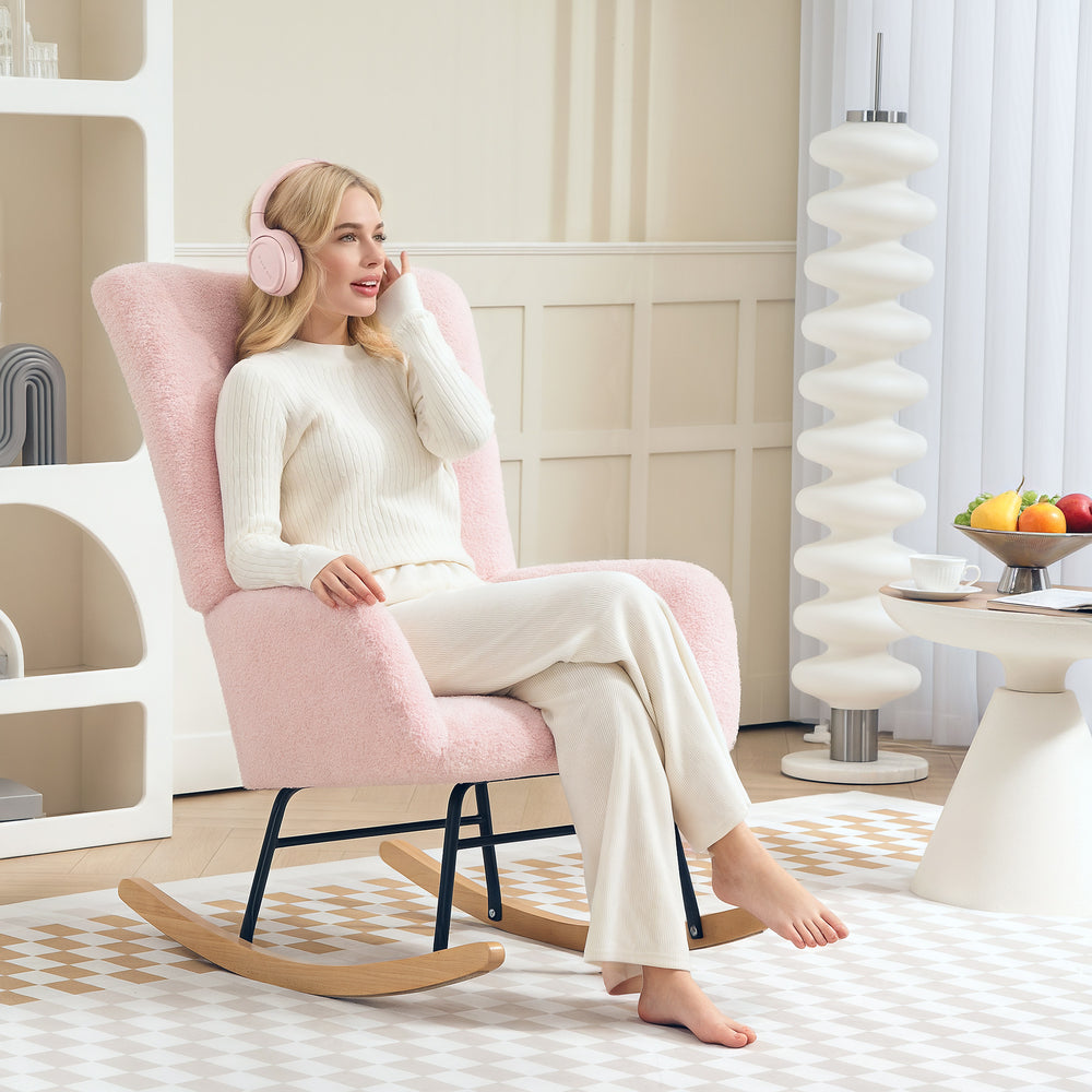 Rocking Chair, Modern Armchair with Backrest for Bedroom, Light Pink