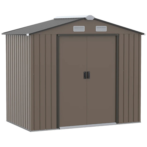 OUT OF STOCK  - 7 x 4ft Garden Metal Storage Shed with Ventilation Slots, Floor Foundation and Lockable Double Doors, Brown
