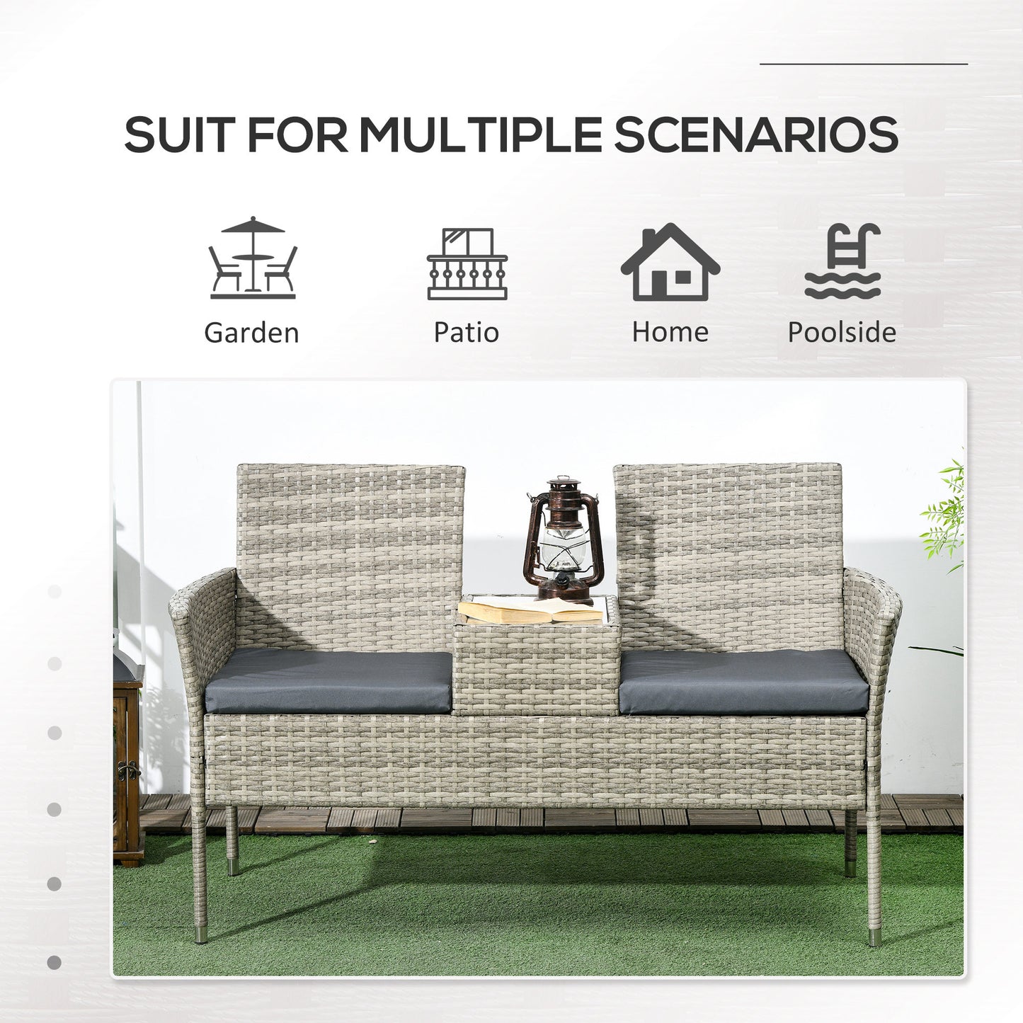 Two-Seat Rattan Chair, with Middle Table - Mixed Grey