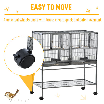 Wide Large Metal Bird Cage for Finch Canaries Parakeets Cockatiels with Rolling Stand, Removable Metal Tray, Storage Shelf, Wood Perch