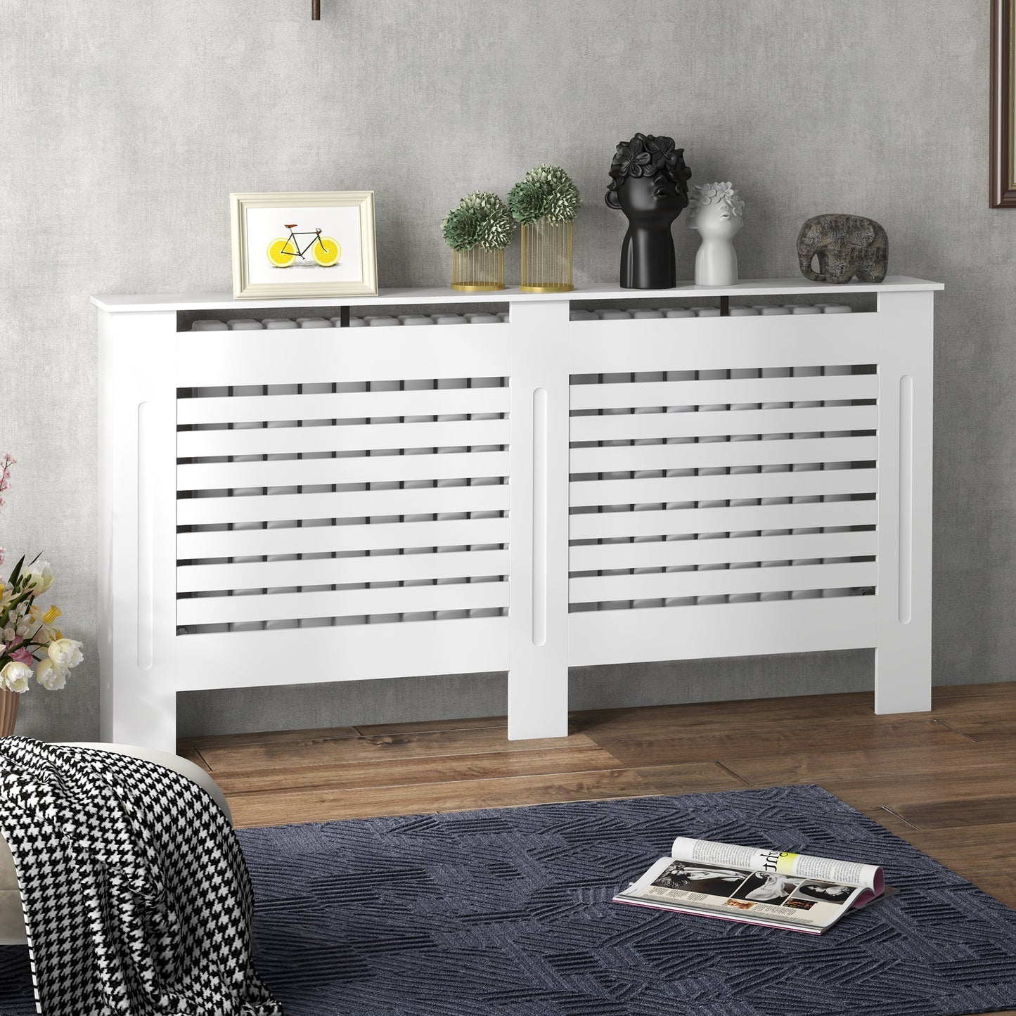 White Painted Radiator Cover Wooden Cabinet Horizontal Slats Modern Style