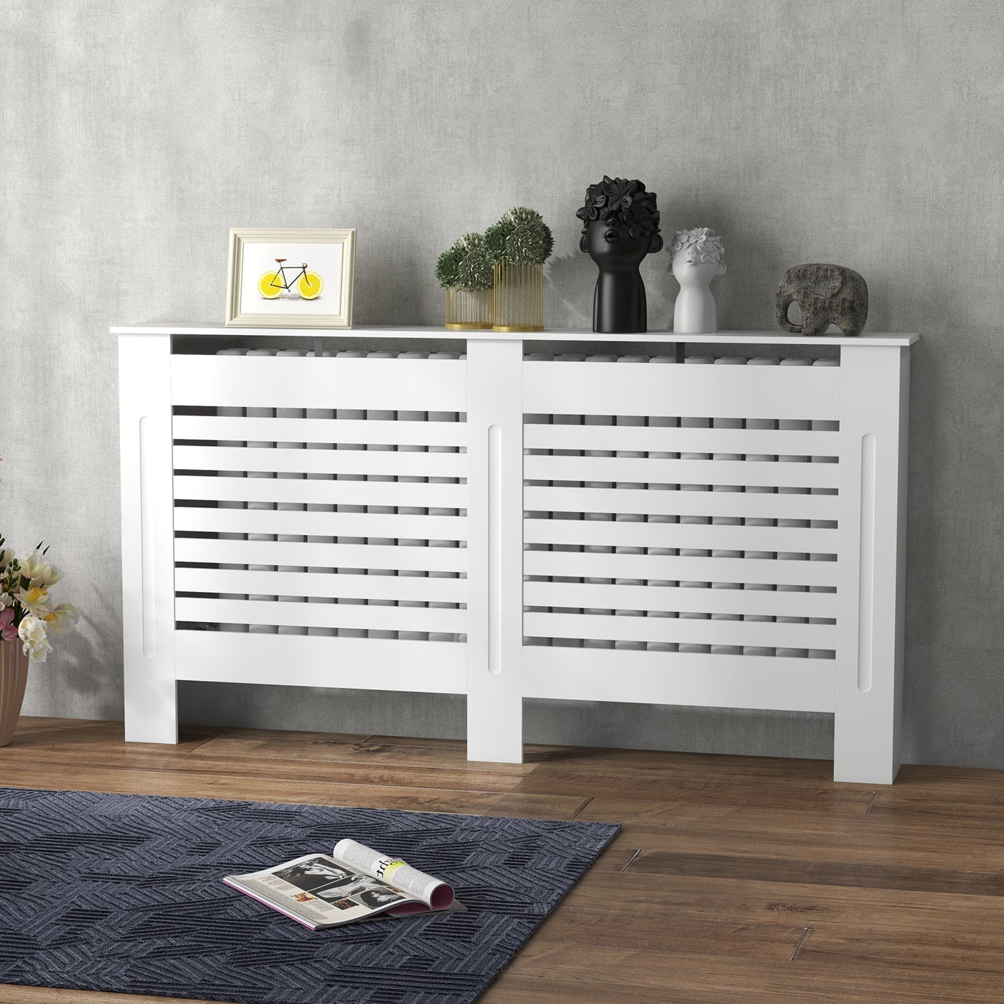 White Painted Radiator Cover Wooden Cabinet Horizontal Slats Modern Style