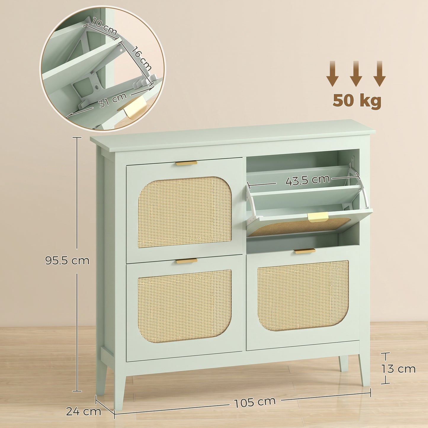 Boho Slim Shoe Cabinet with Rattan Doors, Holds 20 Pairs, Green
