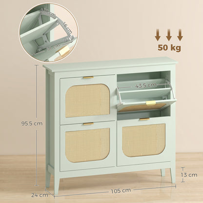 Boho Slim Shoe Cabinet with Rattan Doors, Holds 20 Pairs, Green