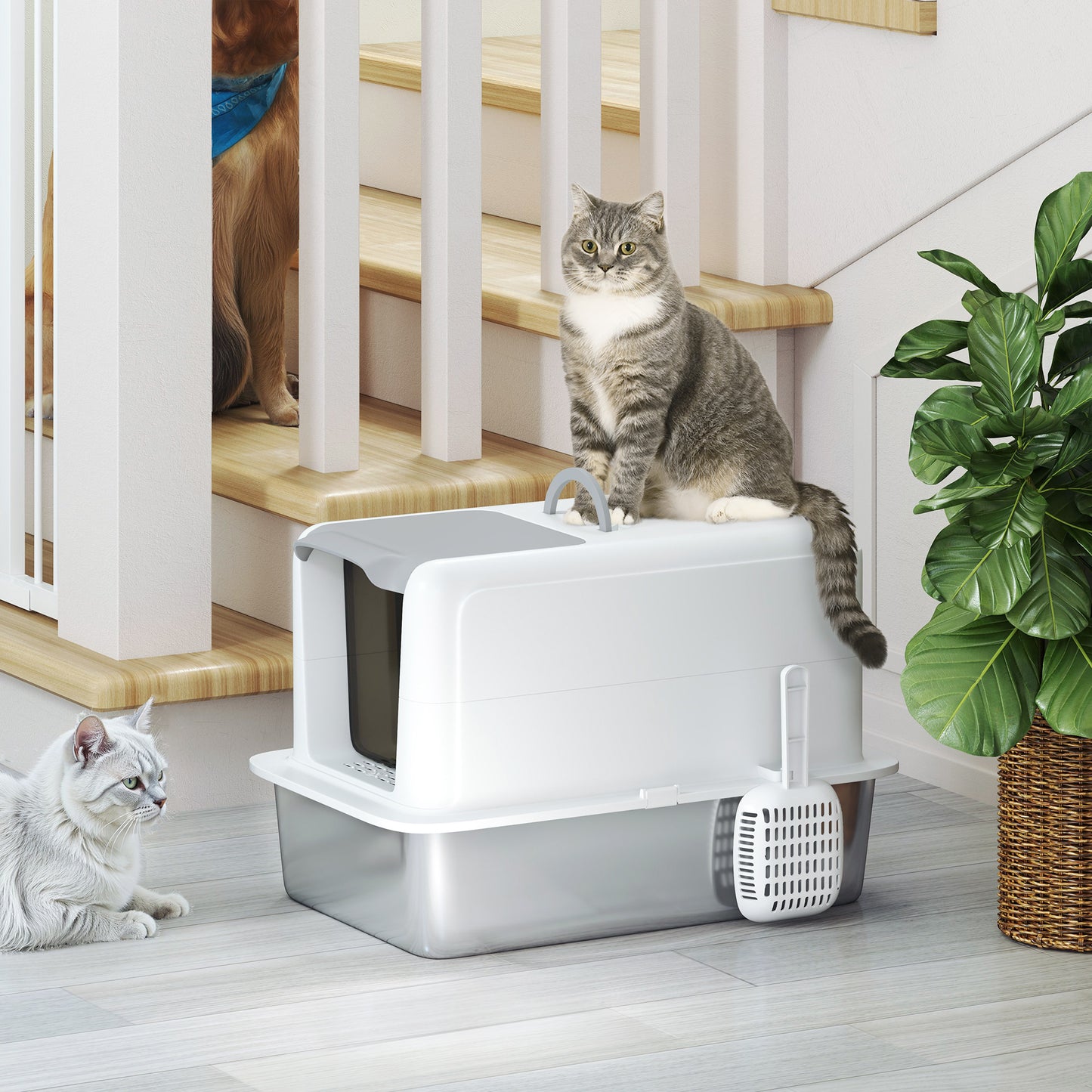 Stainless Steel Cat Litter Box with Removable Lid, Scoop, White