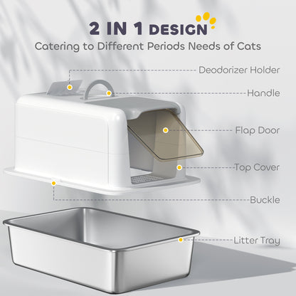 Stainless Steel Cat Litter Box with Removable Lid, Scoop, White