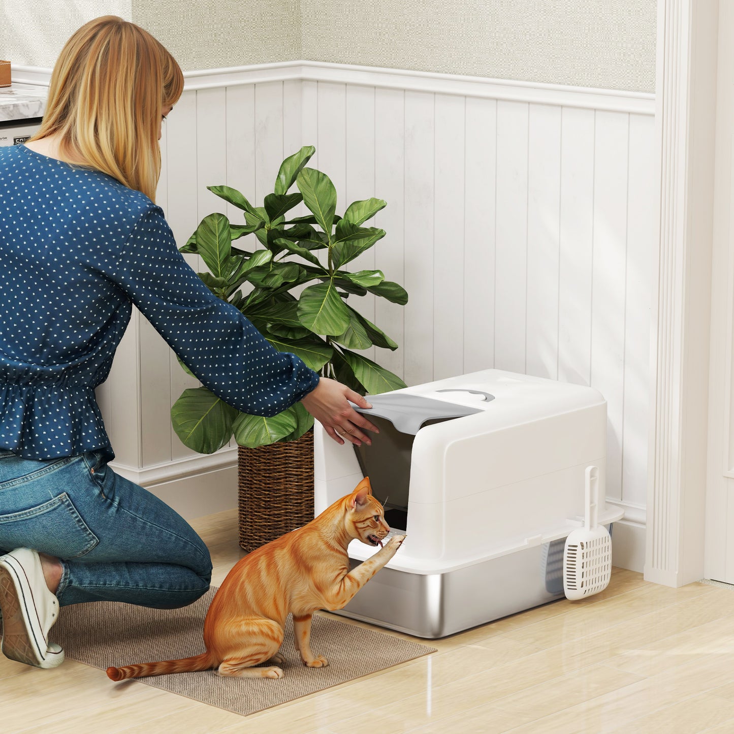 Stainless Steel Cat Litter Box with Removable Lid, Scoop, White