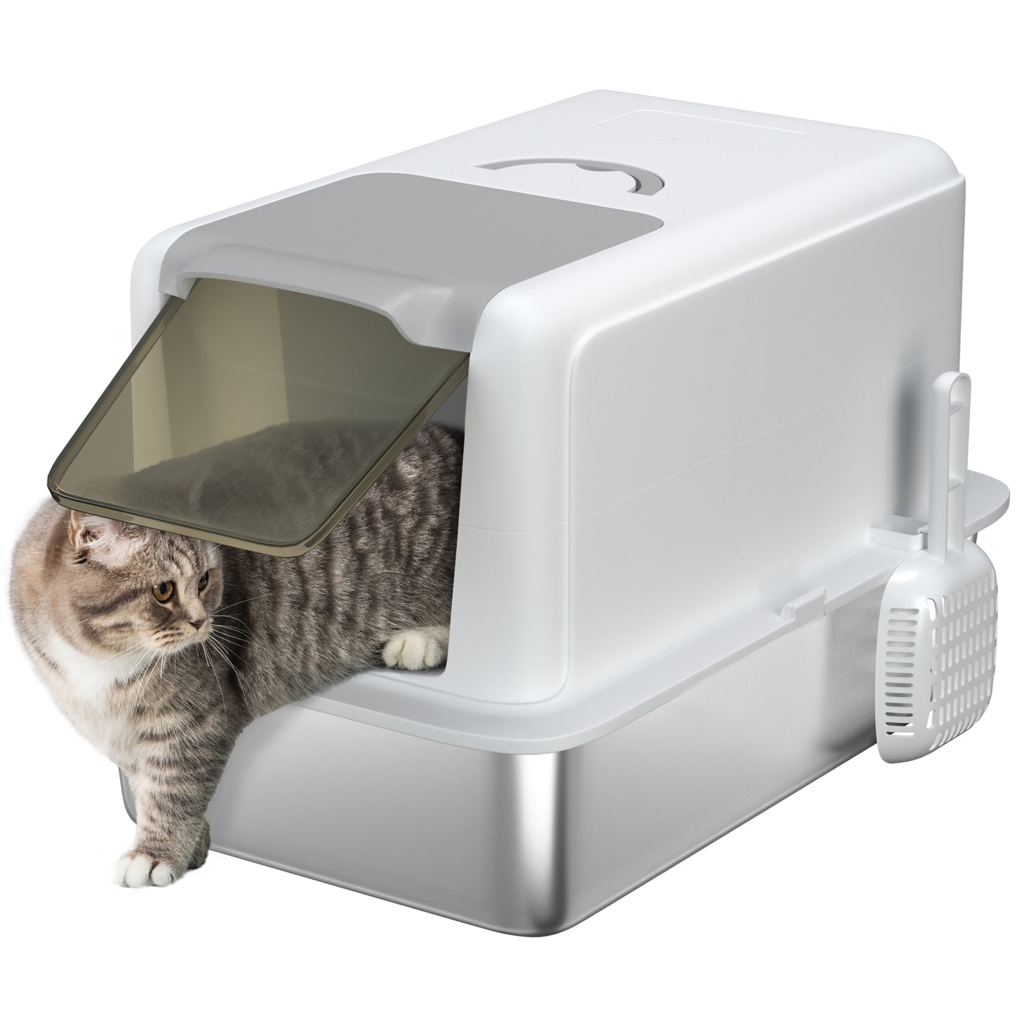 Stainless Steel Cat Litter Box with Removable Lid, Scoop, White