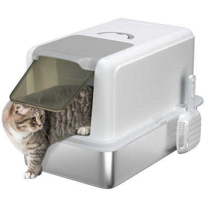 Stainless Steel Cat Litter Box with Removable Lid, Scoop, White