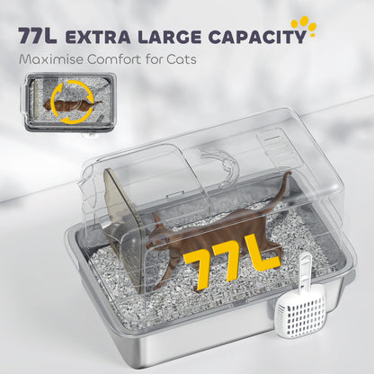 Stainless Steel Cat Litter Box with Removable Lid, Scoop, White