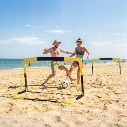 Set of 2 Pop Up Football Goal, 5 x 3.5ft Portable Folding Football Net with Carry Bag, 8 U-Shaped Ground Stakes, Fibreglass Pole, Training Equipment for Indoor and Outdoor Use, Easy Setup