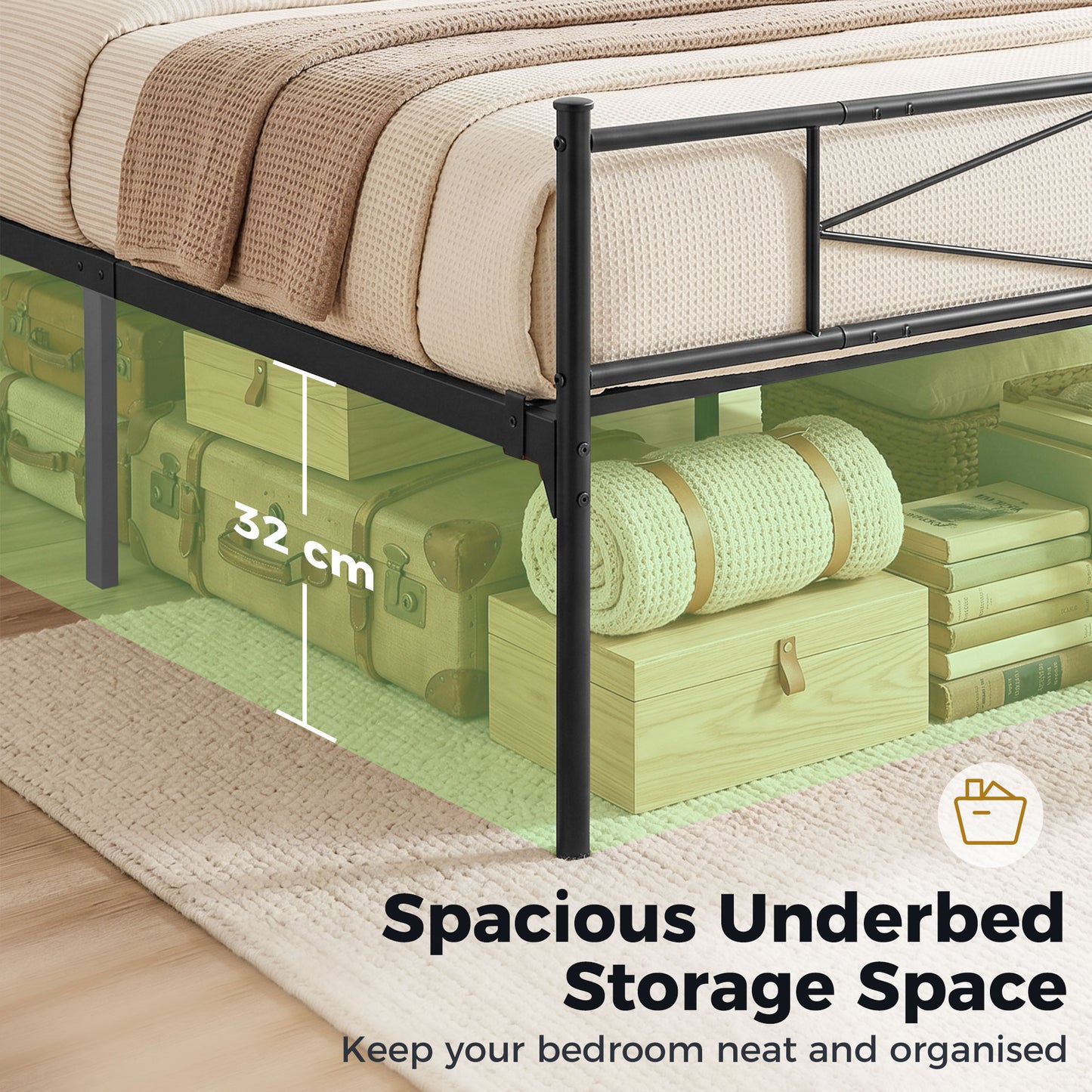 4ft6 Double Bed Frame with Headboard and Footboard, Metal Platform Bed Frame with 32 cm Underbed Storage, Steel Slat Support, Noise-Free, No Box Spring Needed, Easy Assembly, Black