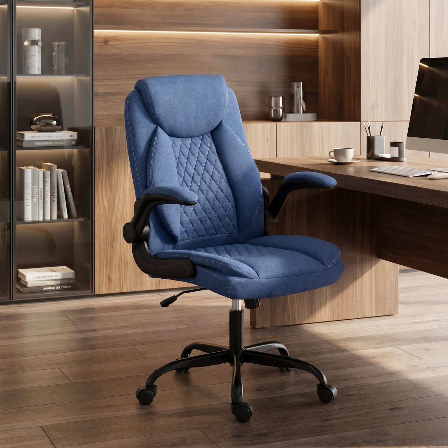 Linen-Look Computer Desk Chair with Thick Cushion, Blue