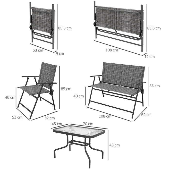 4 Pcs Patio Furniture Set w/ Breathable Mesh Fabric Seat, Backrest, Garden Set w/ Foldable Armchairs, Loveseat, Glass Top Table, Mixed Grey