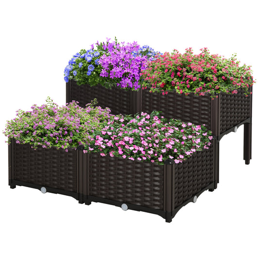 4-piece Elevated Flower Bed Vegetable Herb Planter Plastic, Brown