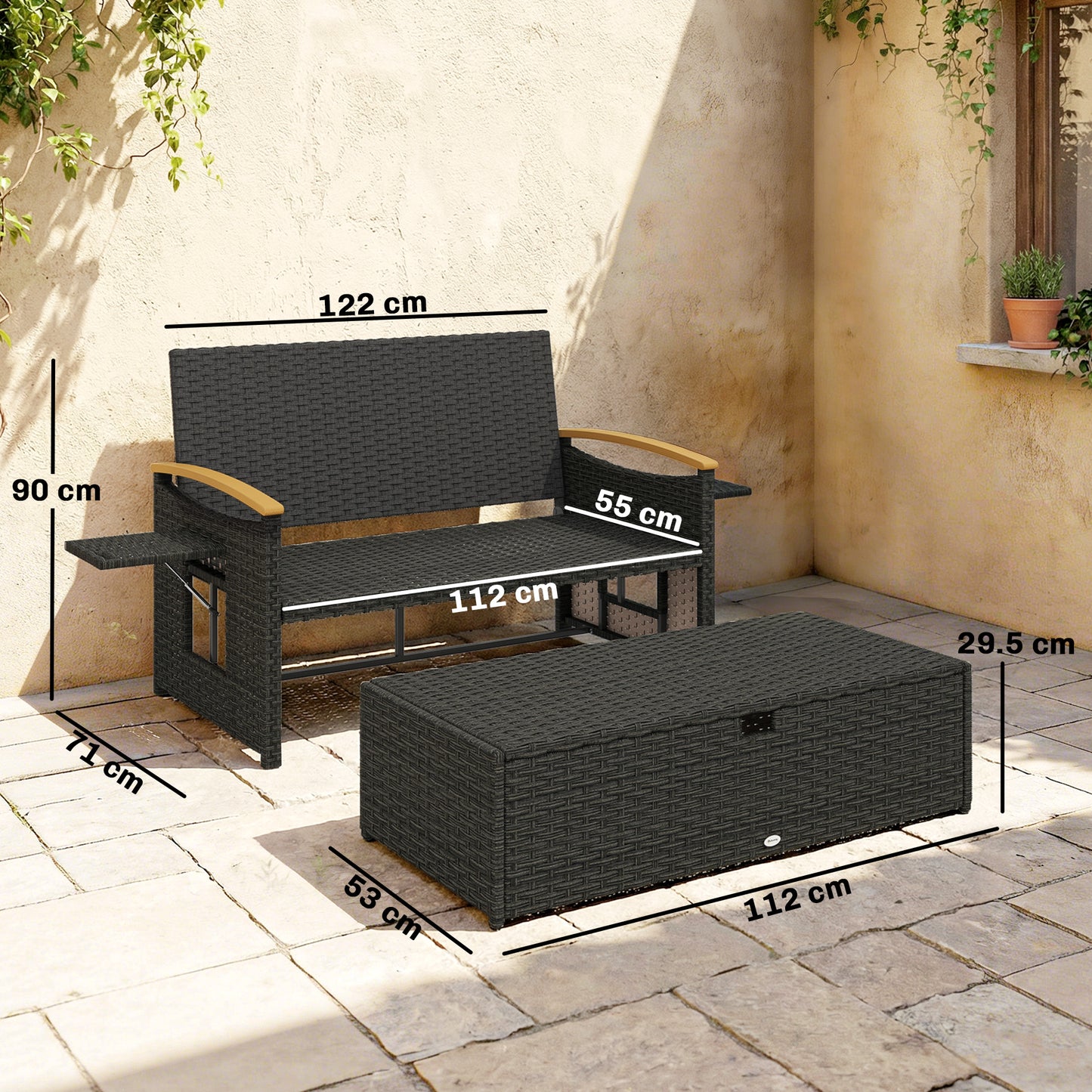 Double Rattan Sunbed Lounger with Storage & Adjustable Backrest – Dark Grey
