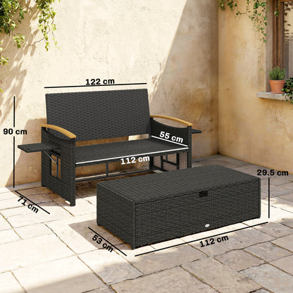 Double Rattan Sunbed Lounger with Storage & Adjustable Backrest – Dark Grey