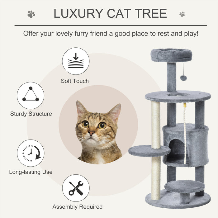 Cat Tree Tower 112cm Climbing Kitten Activity Center with Jute Scratching Post Perch Hanging Ball Toy Teasing Rope grey