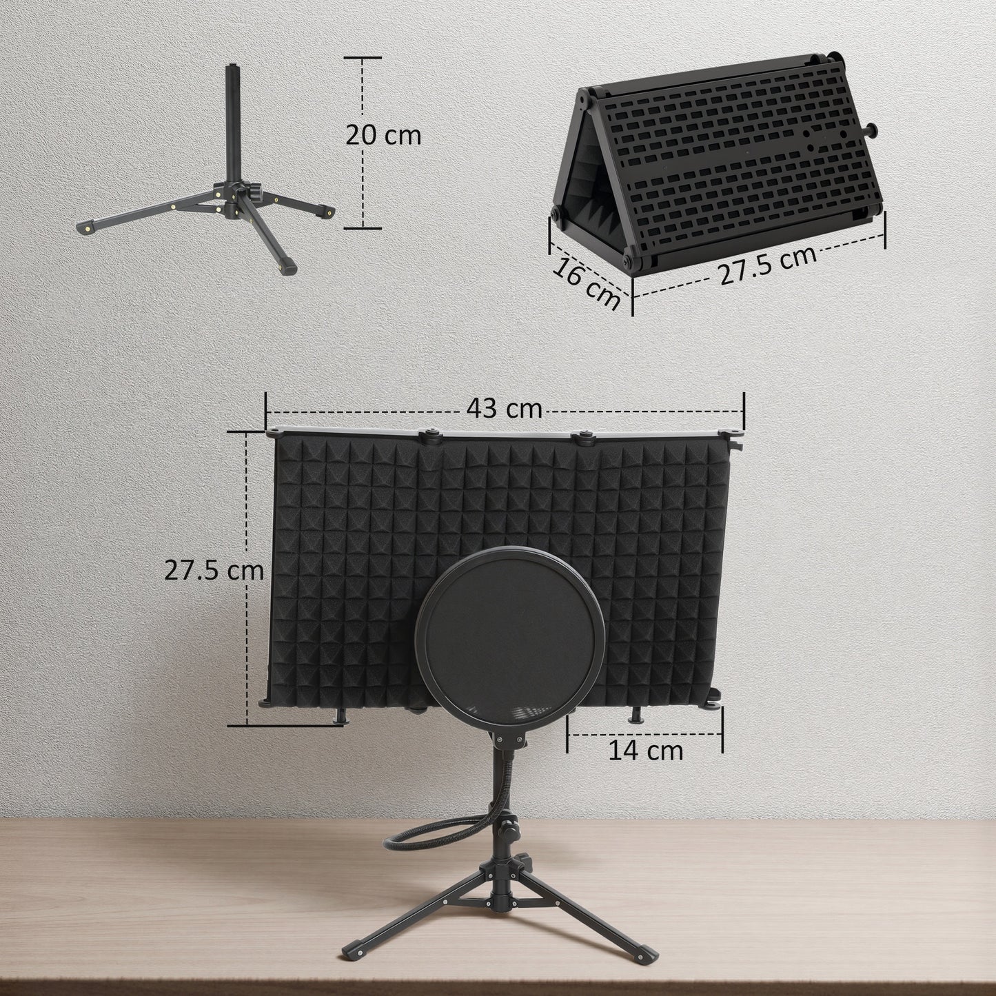 Studio Microphone Isolation Shield with Pop Filter & Stand, Black