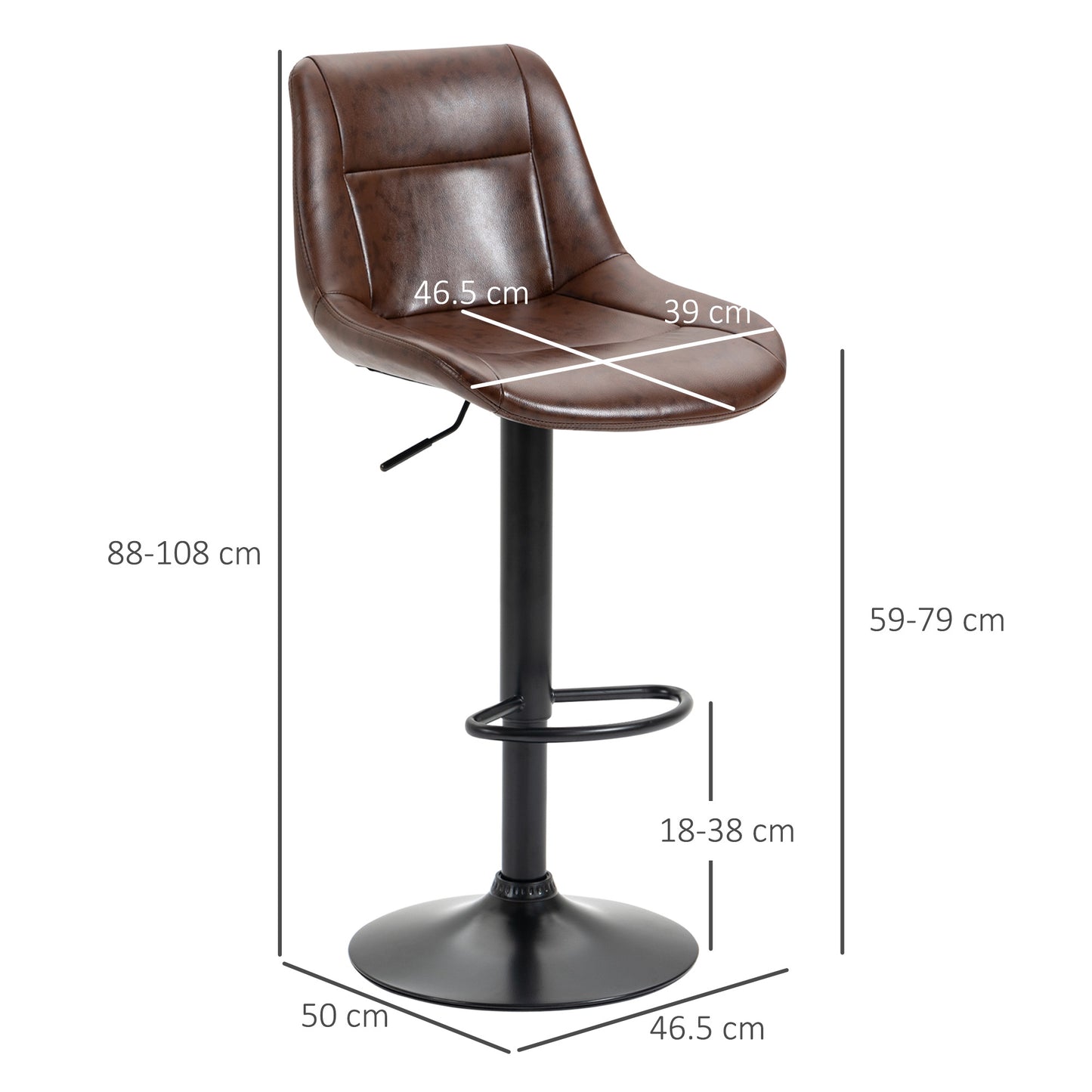 Modern Swivel Bar Stools Set of 2 Adjustable Height PU Bar Chairs Brown