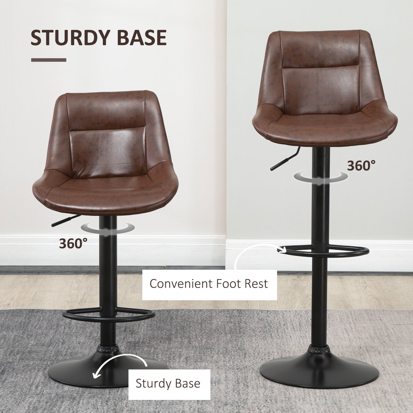 Modern Swivel Bar Stools Set of 2 Adjustable Height PU Bar Chairs Brown