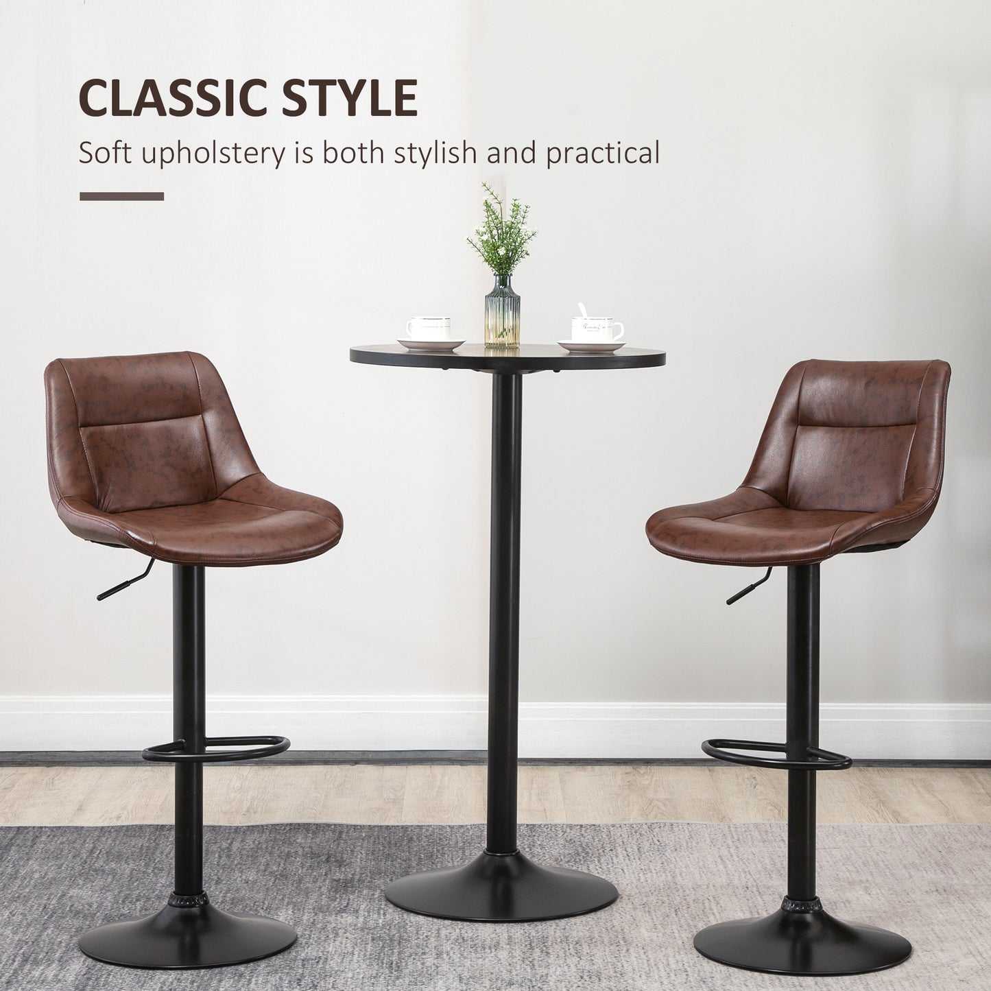 Modern Swivel Bar Stools Set of 2 Adjustable Height PU Bar Chairs Brown