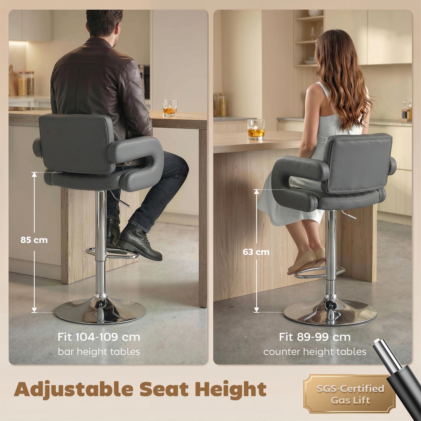 Bar Stools Adjustable Swivel with Armrest Set of 2 Grey