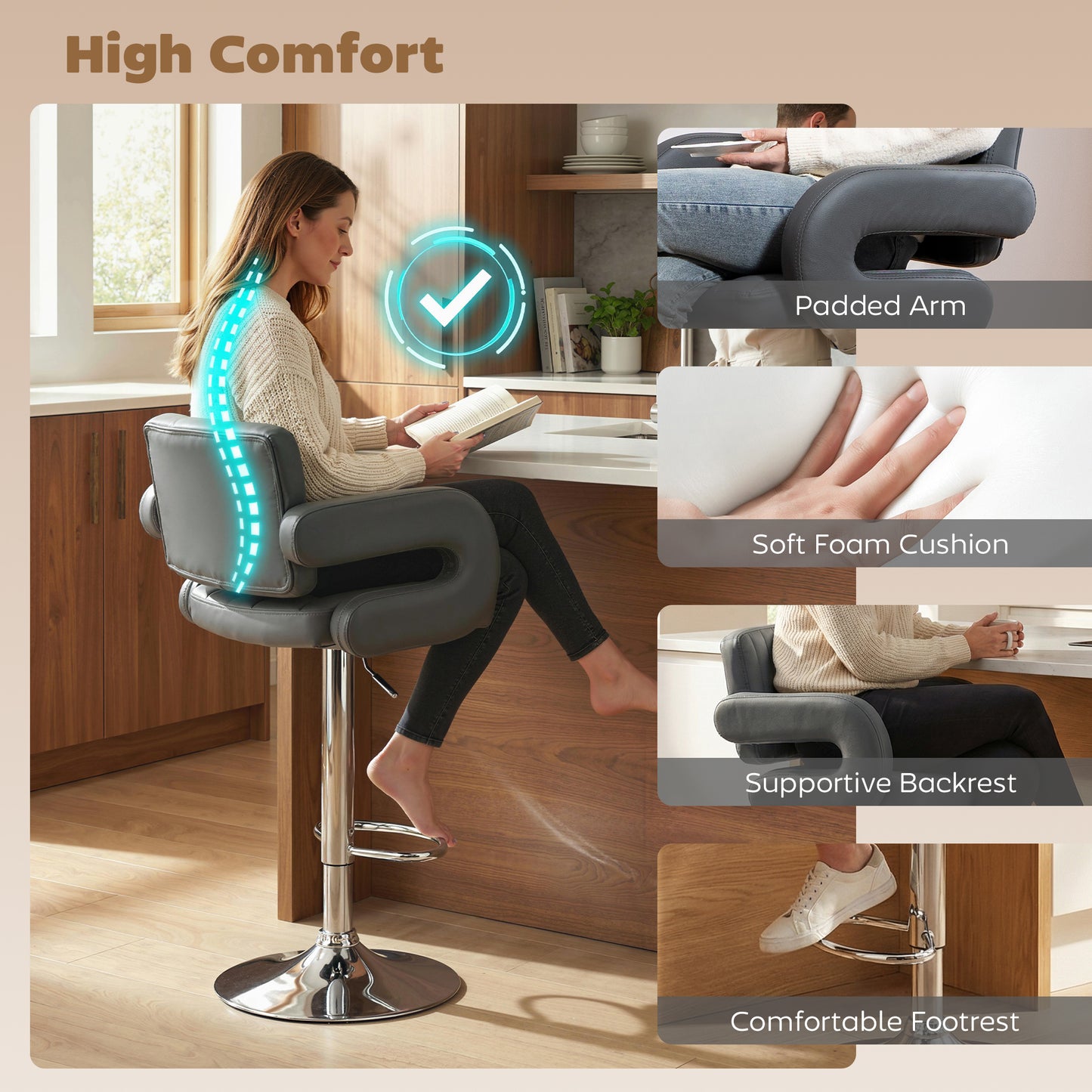 Bar Stools Adjustable Swivel with Armrest Set of 2 Grey