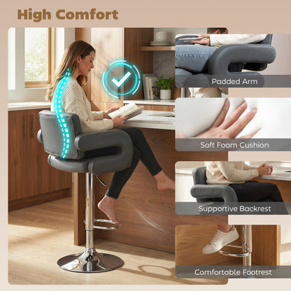 Bar Stools Adjustable Swivel with Armrest Set of 2 Grey