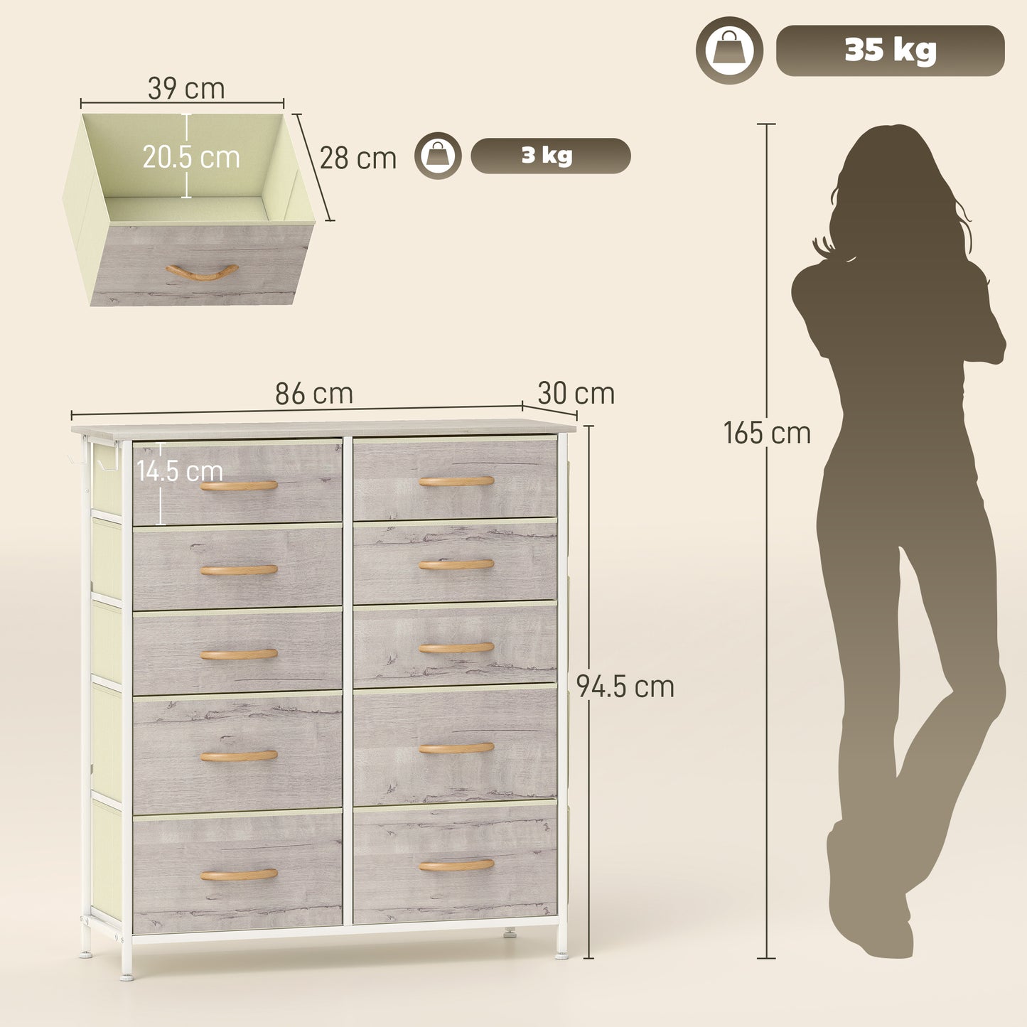 Fabric Chest of Drawers, 10 Drawer Dresser for Bedroom, Natural Wood