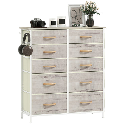Fabric Chest of Drawers, 10 Drawer Dresser for Bedroom, Natural Wood