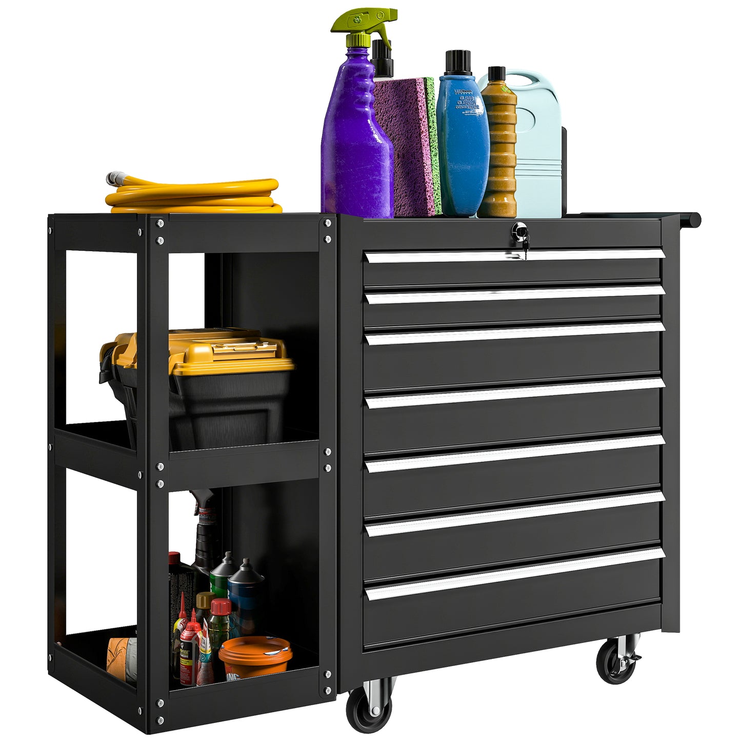 7 Drawer Lockable Steel Tool Chest on Wheels for Workshop, Black