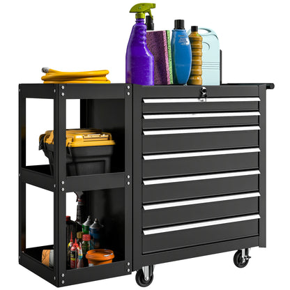 7 Drawer Lockable Steel Tool Chest on Wheels for Workshop, Black