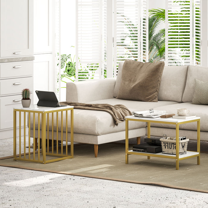 Modern Coffee Table Set of Two w/ Steel Frame Marble-Effect Gold Tone