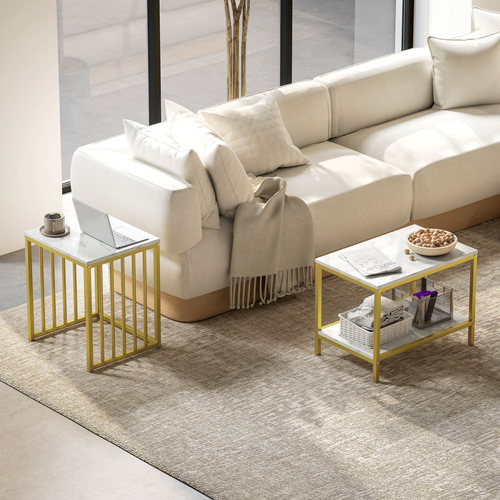 Modern Coffee Table Set of Two w/ Steel Frame Marble-Effect Gold Tone