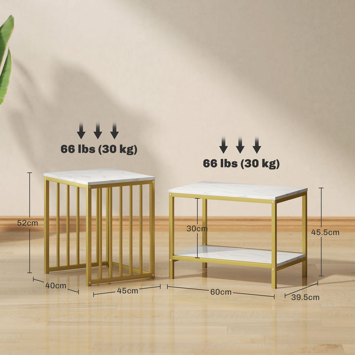 Modern Coffee Table Set of Two w/ Steel Frame Marble-Effect Gold Tone